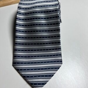 La Strada Mens Necktie Hand Made Striped Dotted Navy Blue Silver One Size